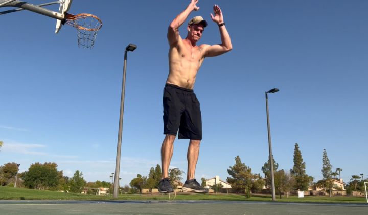 The jumping portion of a traditional one pump burpee.